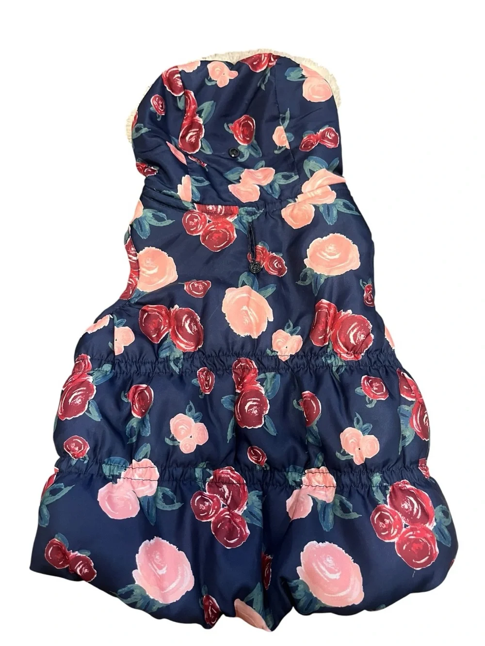 Navy Floral Puffer Dog Coat with Faux Fur Hood